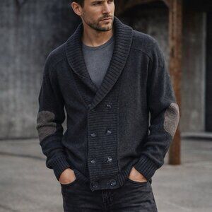 Daniel Buchler Double Breasted Shawl Collar Cardigan M Elbow Pad Preppy Academia